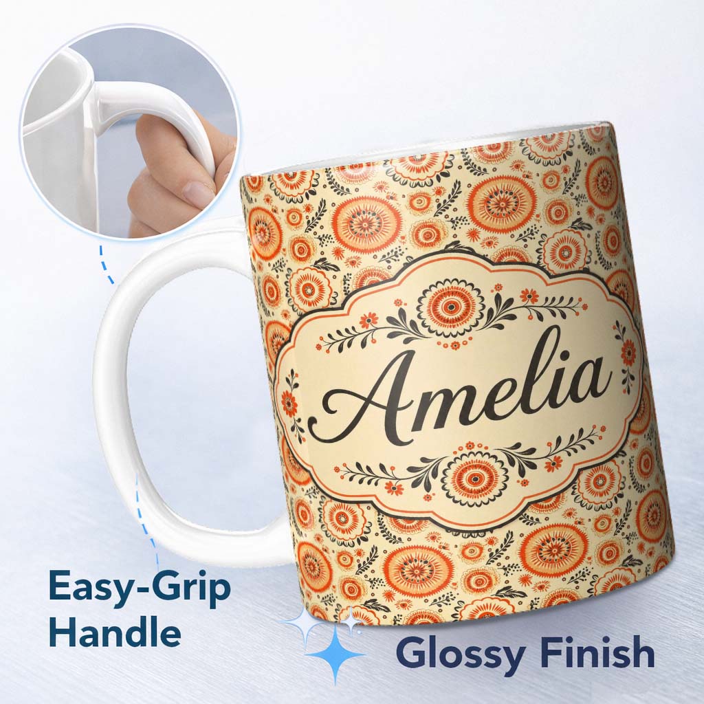 Personalized Custom Name Bright Orange Floral Circular Motif Seamless Pattern Decorative 11oz Ceramic Coffee Tea Mug White Large Handle