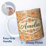 Personalized Custom Name Bright Orange Floral Circular Motif Seamless Pattern Decorative 11oz Ceramic Coffee Tea Mug White Large Handle