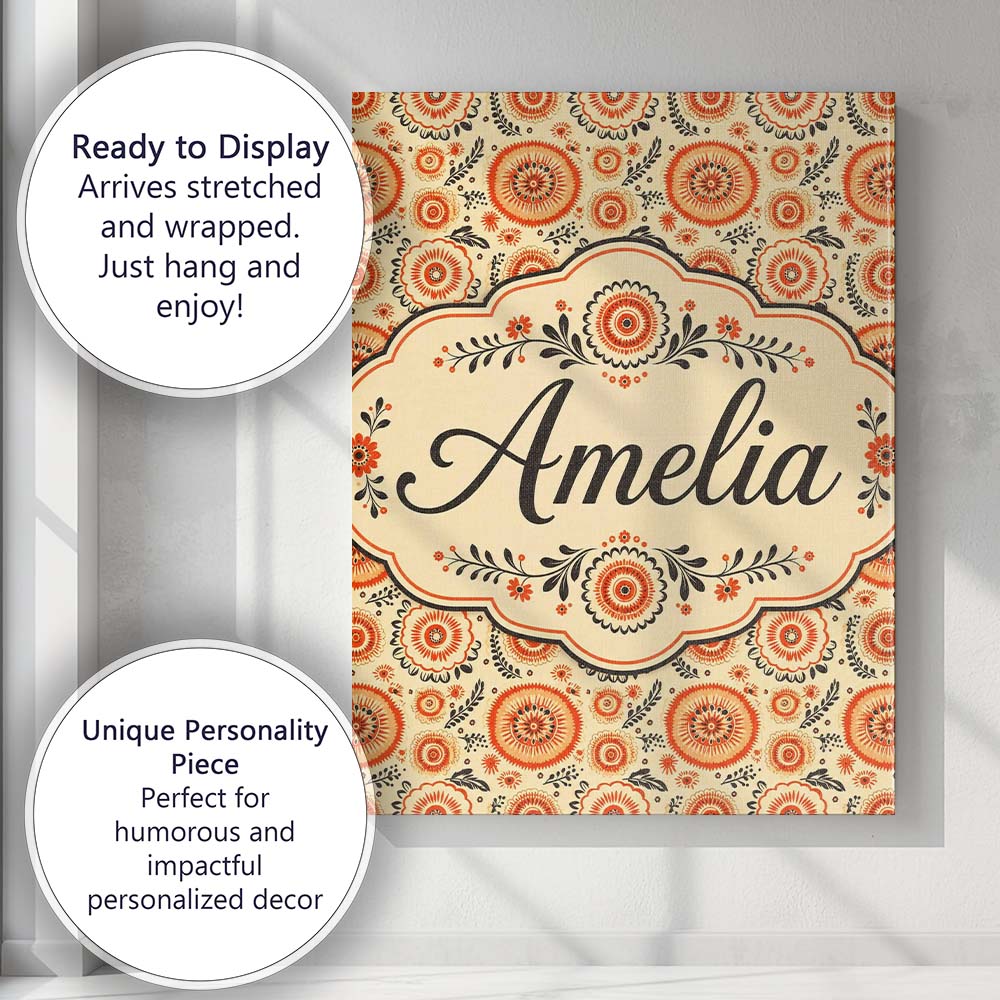 Personalised Name Bright Orange Floral Custom  Modern Room Accent Elegant Feature Canvas Wall Art Print Decor Picture Ready to Hang
