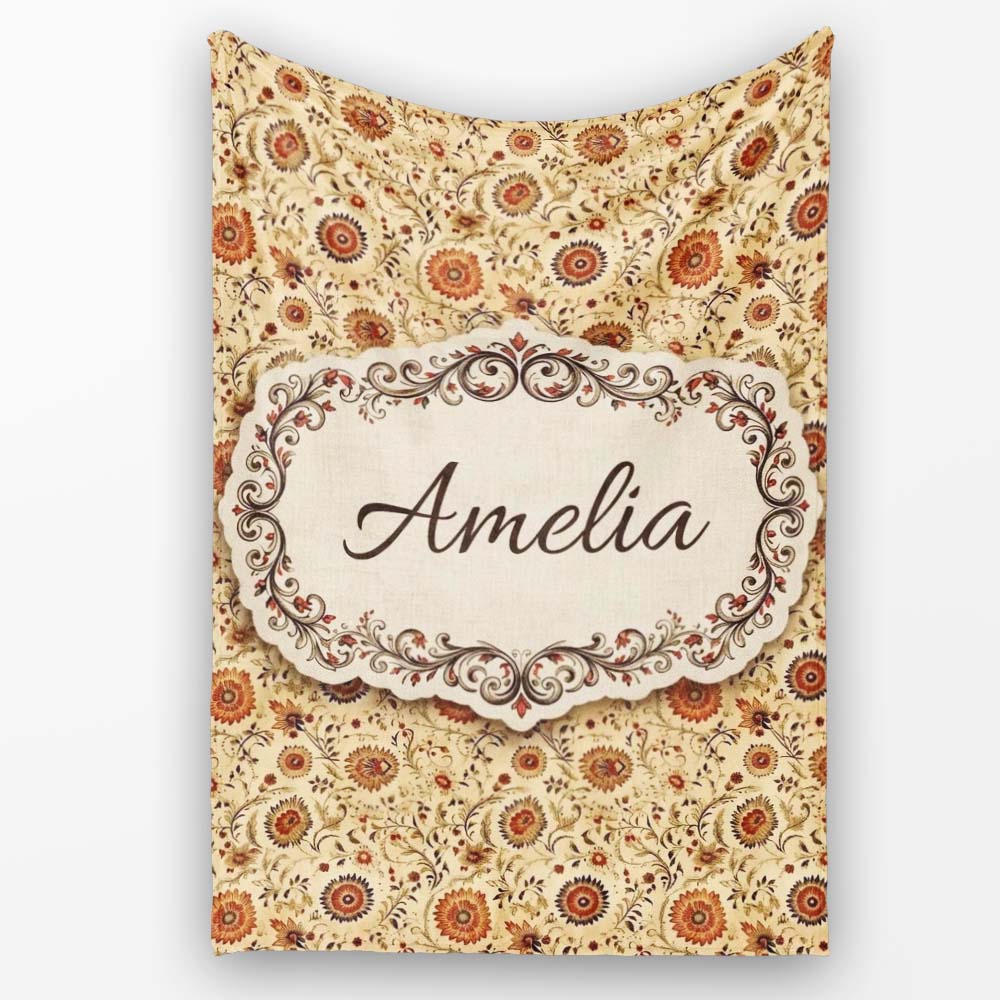 Vintage Autumn Floral Vine Seamless Pattern Warm Orange Beige  Personalised Custom Name Super Soft Fleece Blanket Bed Sofa Throw