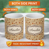 Personalized Custom Name Vintage Autumn Floral Vine Seamless Pattern Warm Orange Beige 11oz Ceramic Coffee Tea Mug White Large Handle