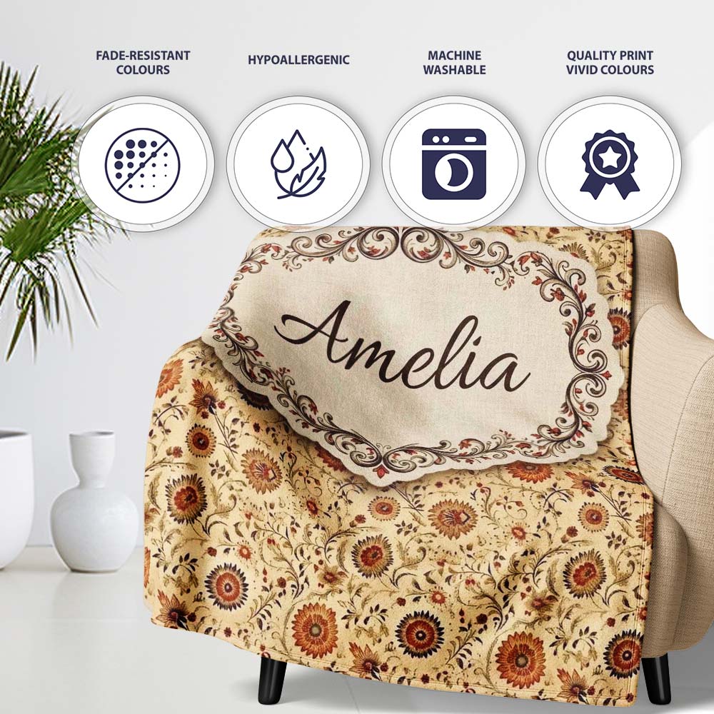 Vintage Autumn Floral Vine Seamless Pattern Warm Orange Beige  Personalised Custom Name Super Soft Fleece Blanket Bed Sofa Throw