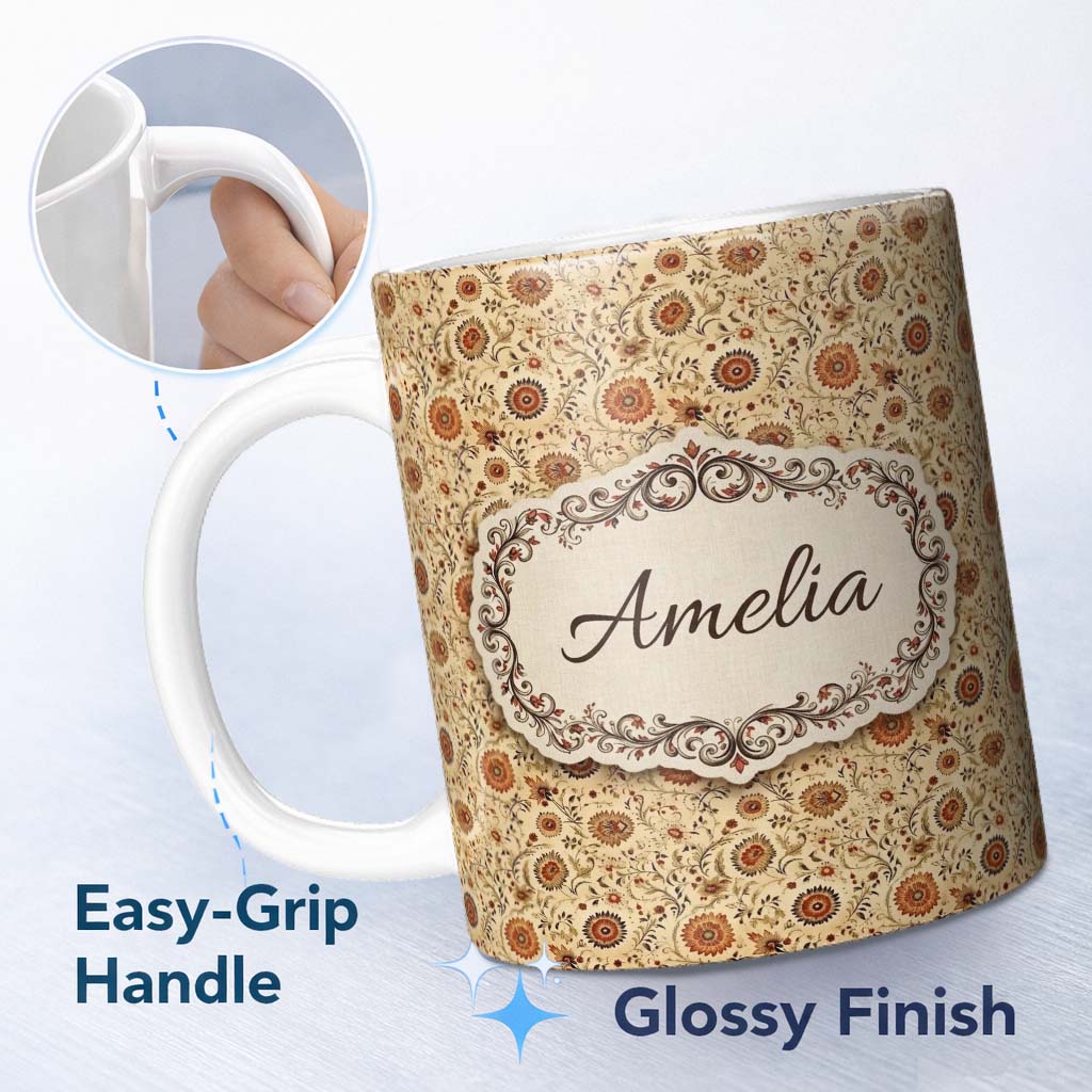 Personalized Custom Name Vintage Autumn Floral Vine Seamless Pattern Warm Orange Beige 11oz Ceramic Coffee Tea Mug White Large Handle