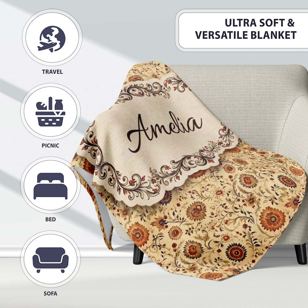Vintage Autumn Floral Vine Seamless Pattern Warm Orange Beige  Personalised Custom Name Super Soft Fleece Blanket Bed Sofa Throw