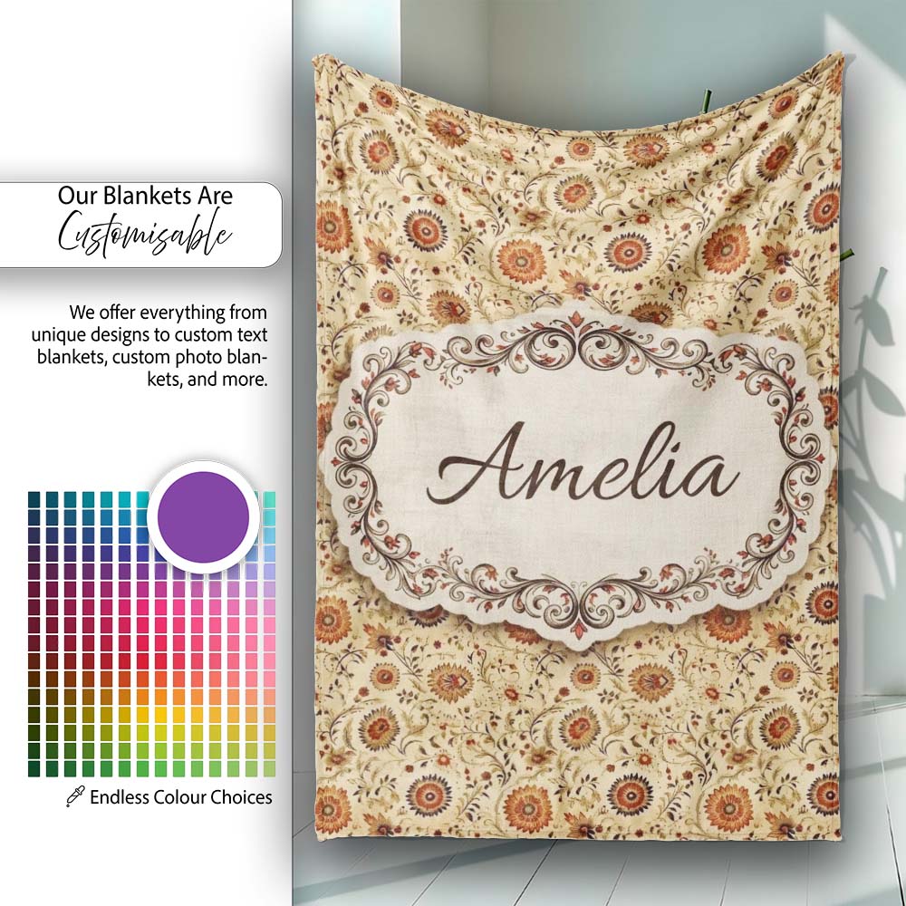 Vintage Autumn Floral Vine Seamless Pattern Warm Orange Beige  Personalised Custom Name Super Soft Fleece Blanket Bed Sofa Throw