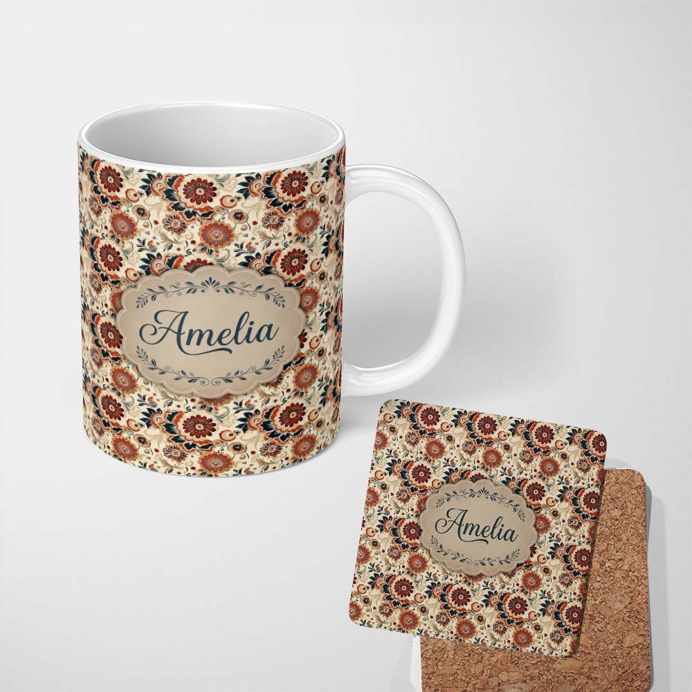 Personalized Custom Name Bold Floral Bloom Seamless Pattern Red Blue Cream Vintage Garden 11oz Ceramic Coffee Tea Mug White Large Handle