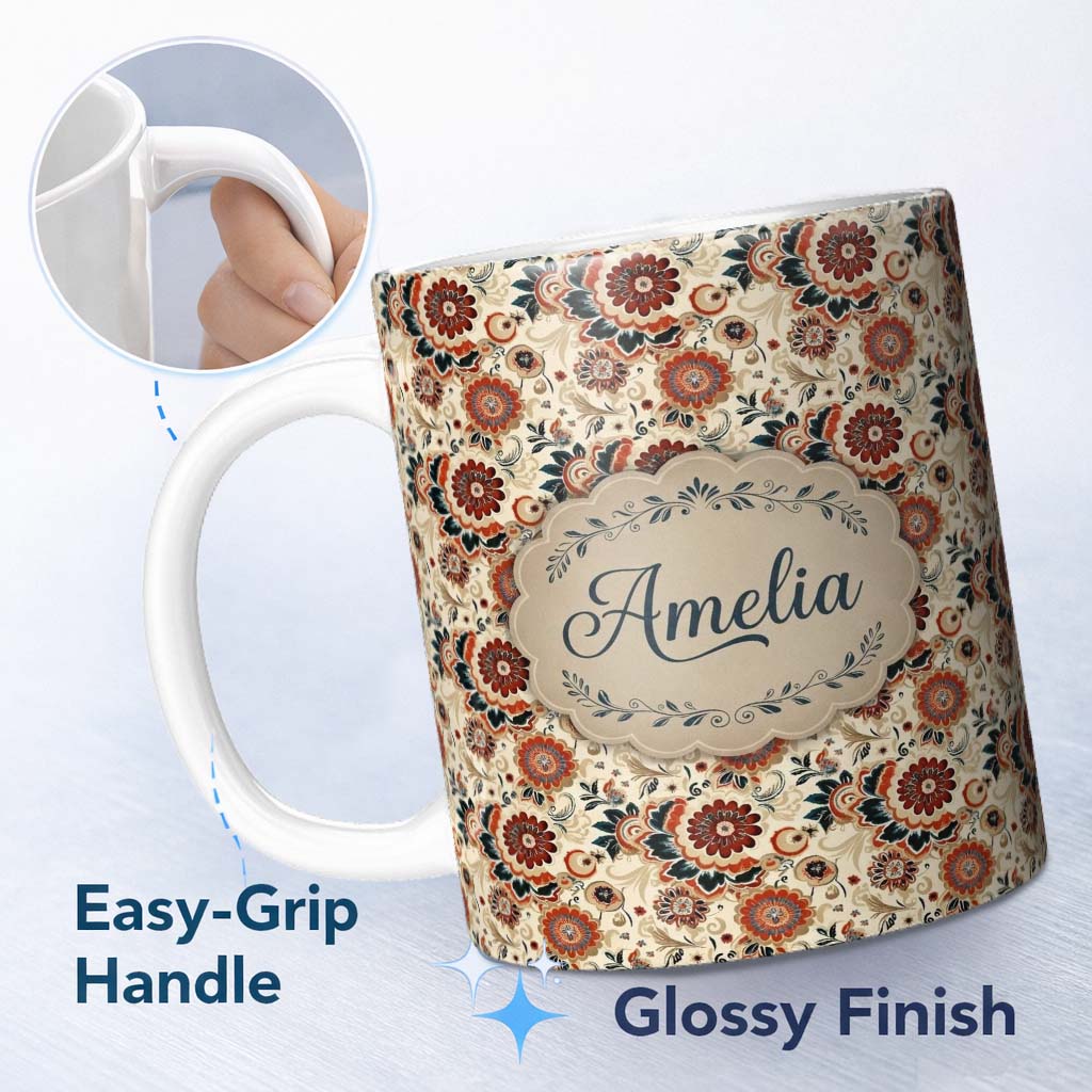 Personalized Custom Name Bold Floral Bloom Seamless Pattern Red Blue Cream Vintage Garden 11oz Ceramic Coffee Tea Mug White Large Handle