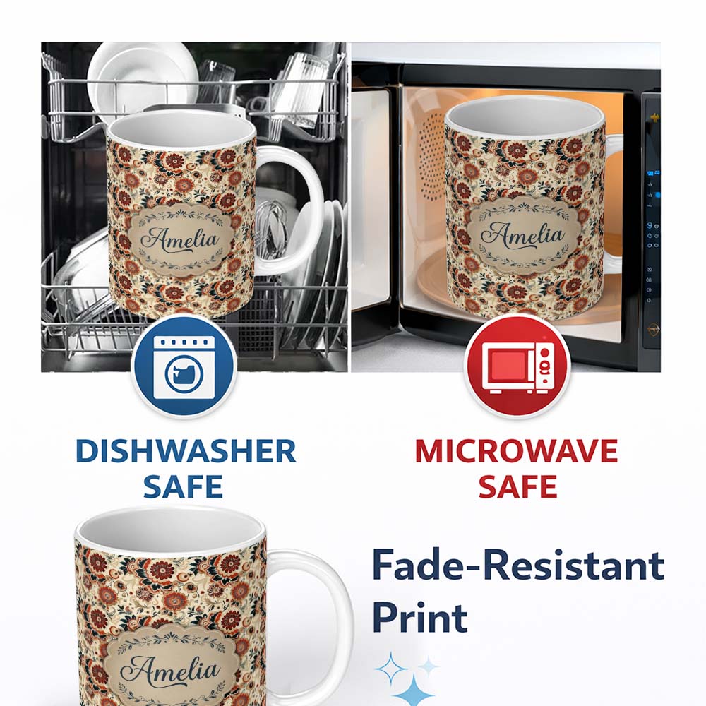 Personalized Custom Name Bold Floral Bloom Seamless Pattern Red Blue Cream Vintage Garden 11oz Ceramic Coffee Tea Mug White Large Handle