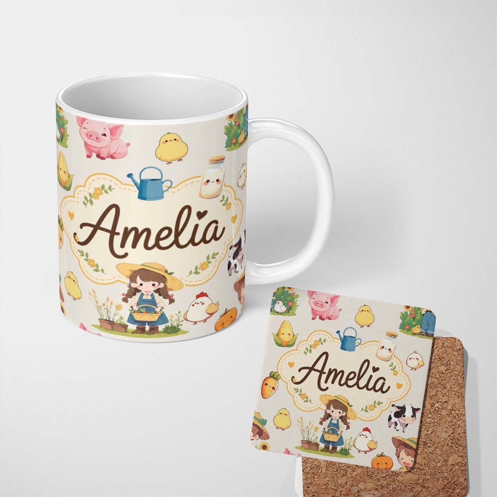 Personalized Custom Name Cute Farm Animals Girl Pig Cow Chicken Cream Background Seamless 11oz Ceramic Coffee Tea Mug White Large Handle