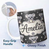 Personalized Custom Name Cute Koala Bears with Stars Dark Grey Background Seamless Pattern 11oz Ceramic Coffee Tea Mug White Large Handle