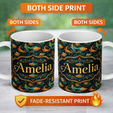 Personalized Custom Name Vibrant Goldfish with Flowing Fins on Dark Aquatic Background Lovely 11oz Ceramic Coffee Tea Mug White Large Handle