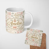 Personalized Custom Name Christmas Typography Holiday Words Pastel Seamless Pattern Lovely 11oz Ceramic Coffee Tea Mug White Large Handle