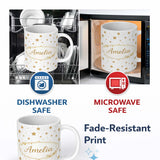 Personalized Custom Name Gold Glitter Stars on White Seamless Pattern Stylish Everyday Mug 11oz Ceramic Coffee Tea Mug White Large Handle