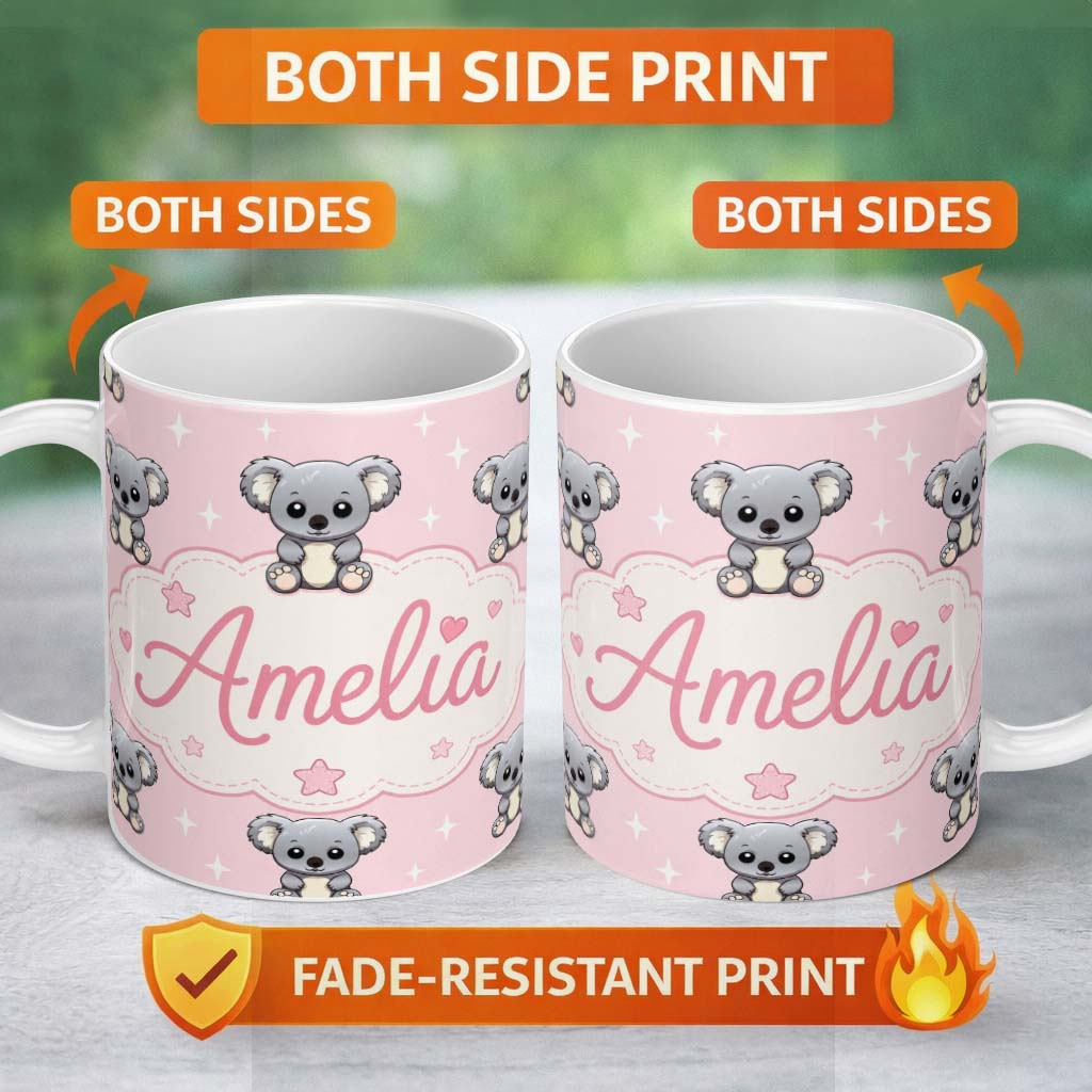 Personalized Custom Name Cute Koala Bears with Stars Soft Pink Background Seamless Pattern 11oz Ceramic Coffee Tea Mug White Large Handle