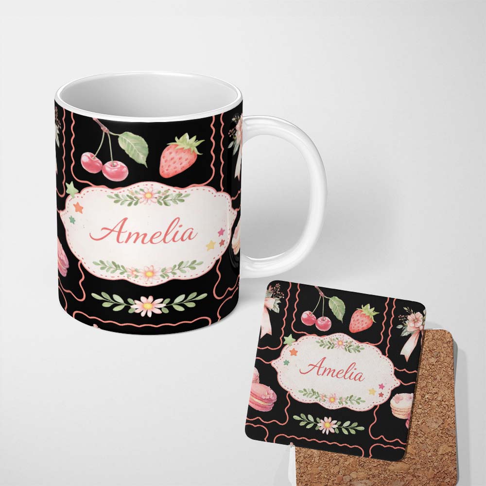 Personalized Custom Name Strawberry Cherry Bow Seamless Pattern Pink Cute Coquette Design 11oz Ceramic Coffee Tea Mug White Large Handle