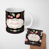Personalized Custom Name Strawberry Cherry Bow Seamless Pattern Pink Cute Coquette Design 11oz Ceramic Coffee Tea Mug White Large Handle