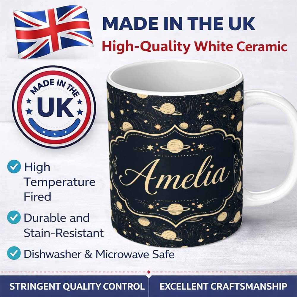 Personalized Custom Name Celestial Planets Stars Orbit Line Art Seamless Pattern Lovely 11oz Ceramic Coffee Tea Mug White Large Handle