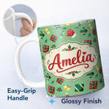 Personalized Custom Name Santa Reindeer Snowman Gift Boxes Ornaments Festive Seamless Pattern 11oz Ceramic Coffee Tea Mug White Large Handle