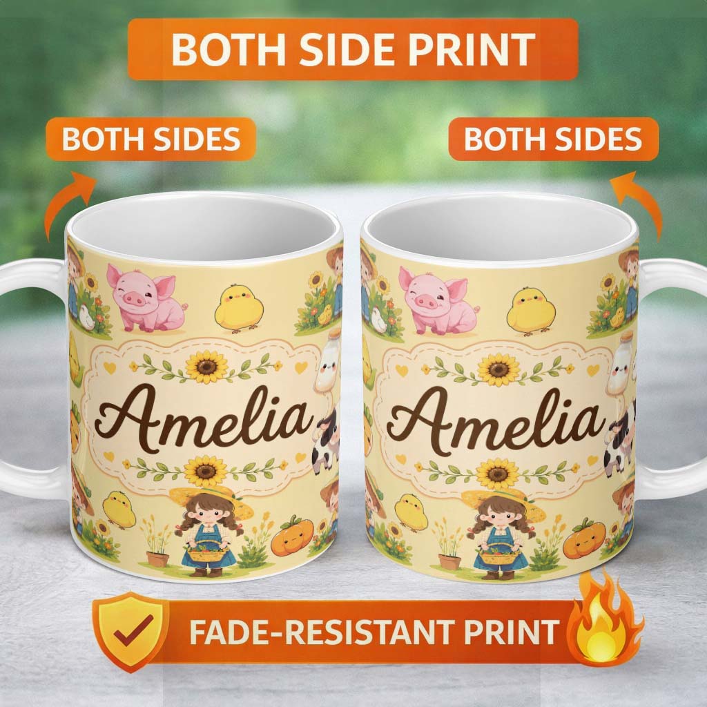 Personalized Custom Name Cute Farm Girl Animals Harvest Seamless Pattern Yellow Background 11oz Ceramic Coffee Tea Mug White Large Handle
