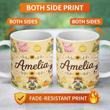 Personalized Custom Name Cute Farm Girl Animals Harvest Seamless Pattern Yellow Background 11oz Ceramic Coffee Tea Mug White Large Handle