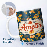 Personalized Custom Name Cute Christmas Bear Scarf Gift Box Lights Seamless Pattern Lovely 11oz Ceramic Coffee Tea Mug White Large Handle
