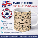 Personalized Custom Name Ditsy Black Floral on Soft Beige Background with Subtle Animal Print 11oz Ceramic Coffee Tea Mug White Large Handle