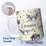 Personalized Custom Name Cute Baby Bats with Stars Night Sky Beige Background Seamless 11oz Ceramic Coffee Tea Mug White Large Handle