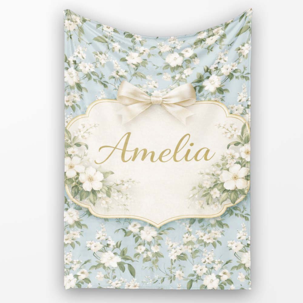 Light Blue Ditsy Floral Small Blossom Repeat Cute Unique Gift Lovely Personalised Custom Name Super Soft Fleece Blanket Bed Sofa Throw
