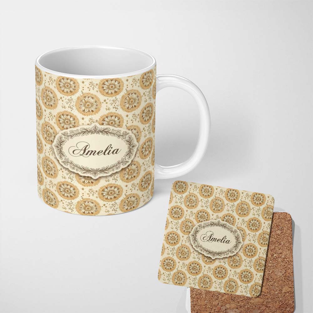 Personalized Custom Name Elegant Beige Mandala Floral Seamless Pattern Soft Neutral 11oz Ceramic Coffee Tea Mug White Large Handle