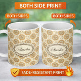 Personalized Custom Name Elegant Beige Mandala Floral Seamless Pattern Soft Neutral 11oz Ceramic Coffee Tea Mug White Large Handle