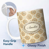 Personalized Custom Name Elegant Beige Mandala Floral Seamless Pattern Soft Neutral 11oz Ceramic Coffee Tea Mug White Large Handle