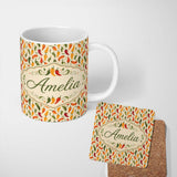 Personalized Custom Name Colorful Chili Pepper Seamless Pattern Red Green Yellow Food Print 11oz Ceramic Coffee Tea Mug White Large Handle