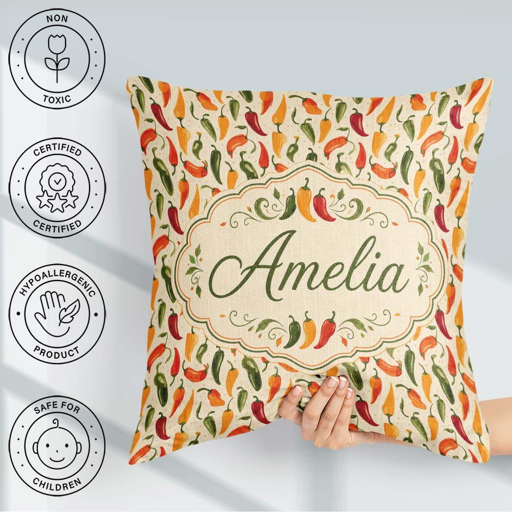 Custom Name Colorful Chili Pepper Seamless Red Green Yellow Food Square Filled Cushion Throw Pillow Sofa Bed Home Decor Zip Washable UK Made