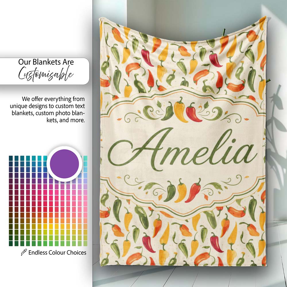 Colorful Chili Pepper Seamless Pattern Red Green Yellow Food Print  Personalised Custom Name Super Soft Fleece Blanket Bed Sofa Throw