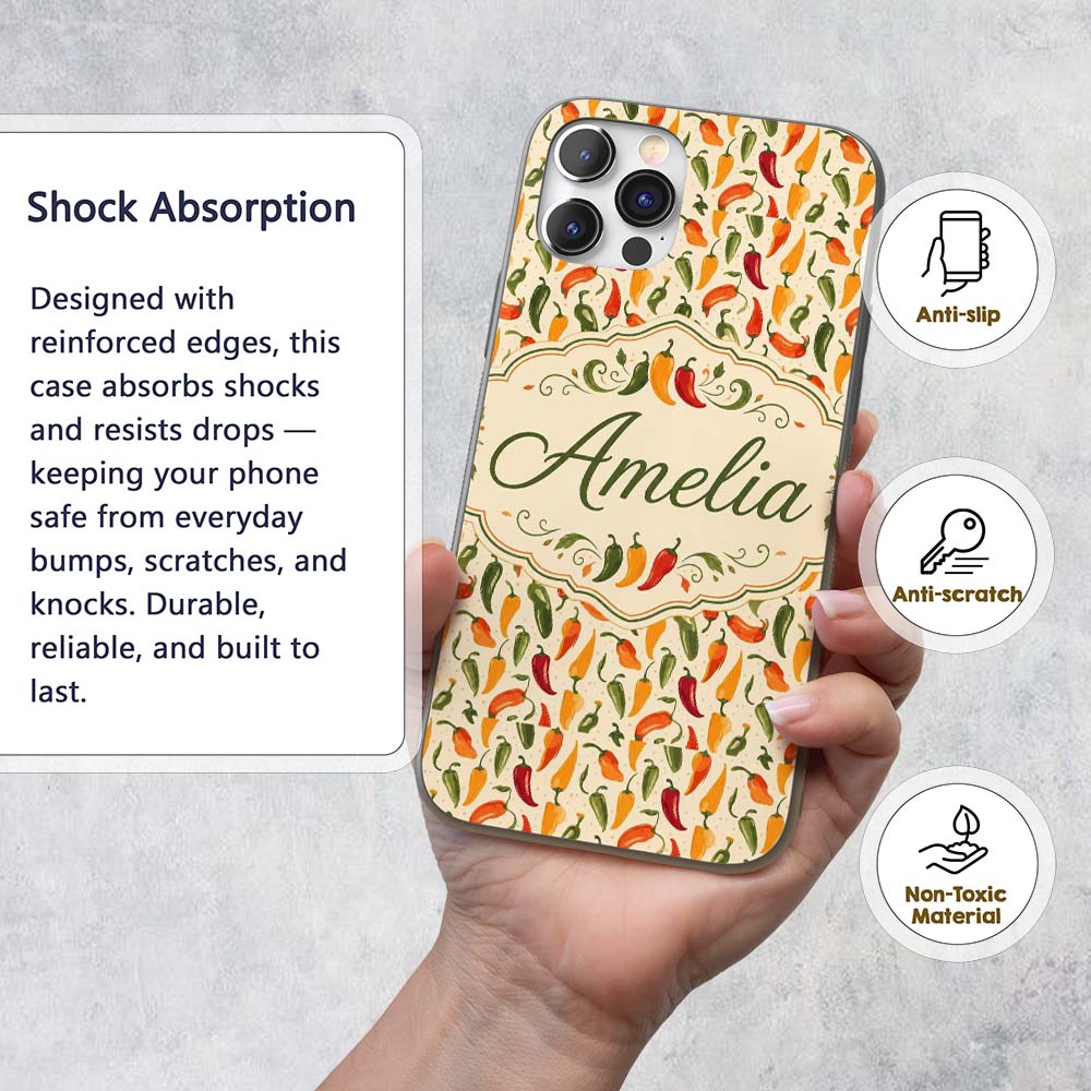 Colorful Chili Pepper Seamless Pattern Red Green Custom Name Protective Phone Case Mobile Cover Durable Everyday Smartphone Shock Resistant