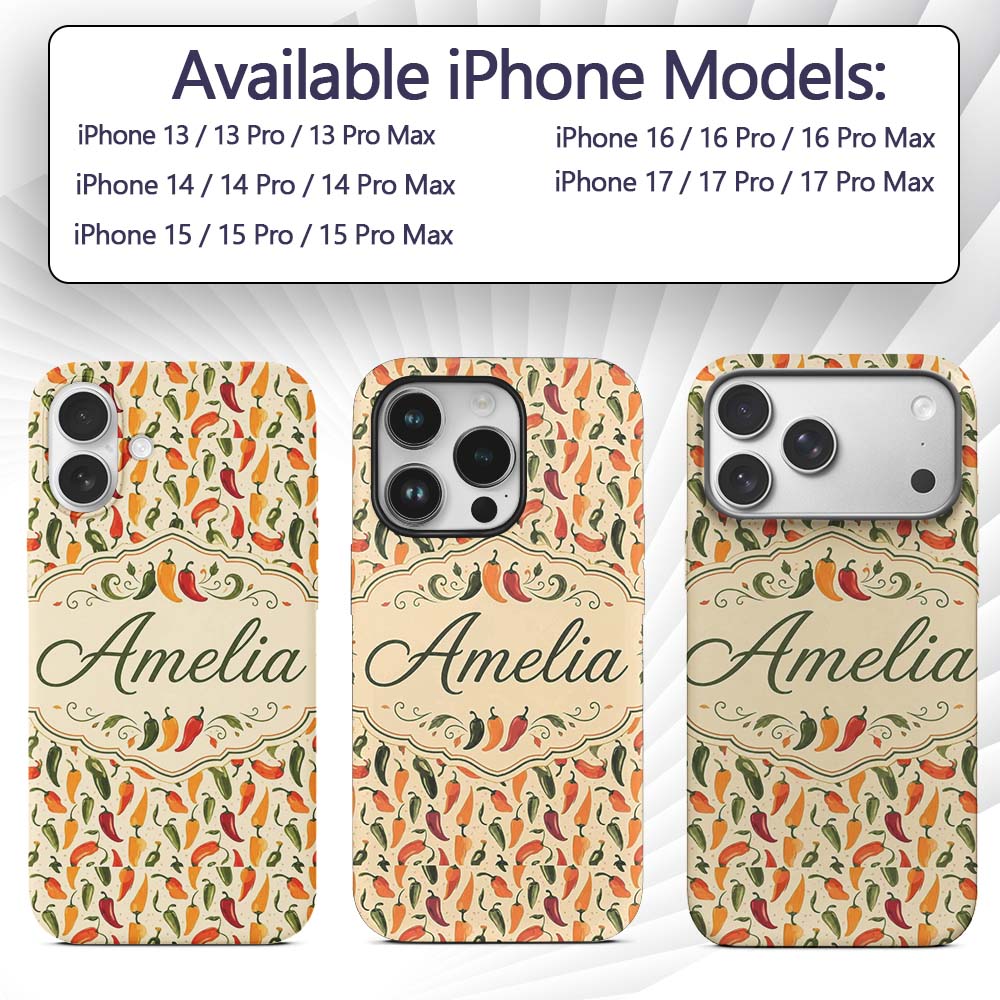 Colorful Chili Pepper Seamless Pattern Red Green Custom Name Protective Phone Case Mobile Cover Durable Everyday Smartphone Shock Resistant