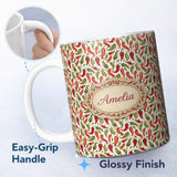 Personalized Custom Name Hand Drawn Red Green Chili Pepper Seamless Pattern Vintage 11oz Ceramic Coffee Tea Mug White Large Handle