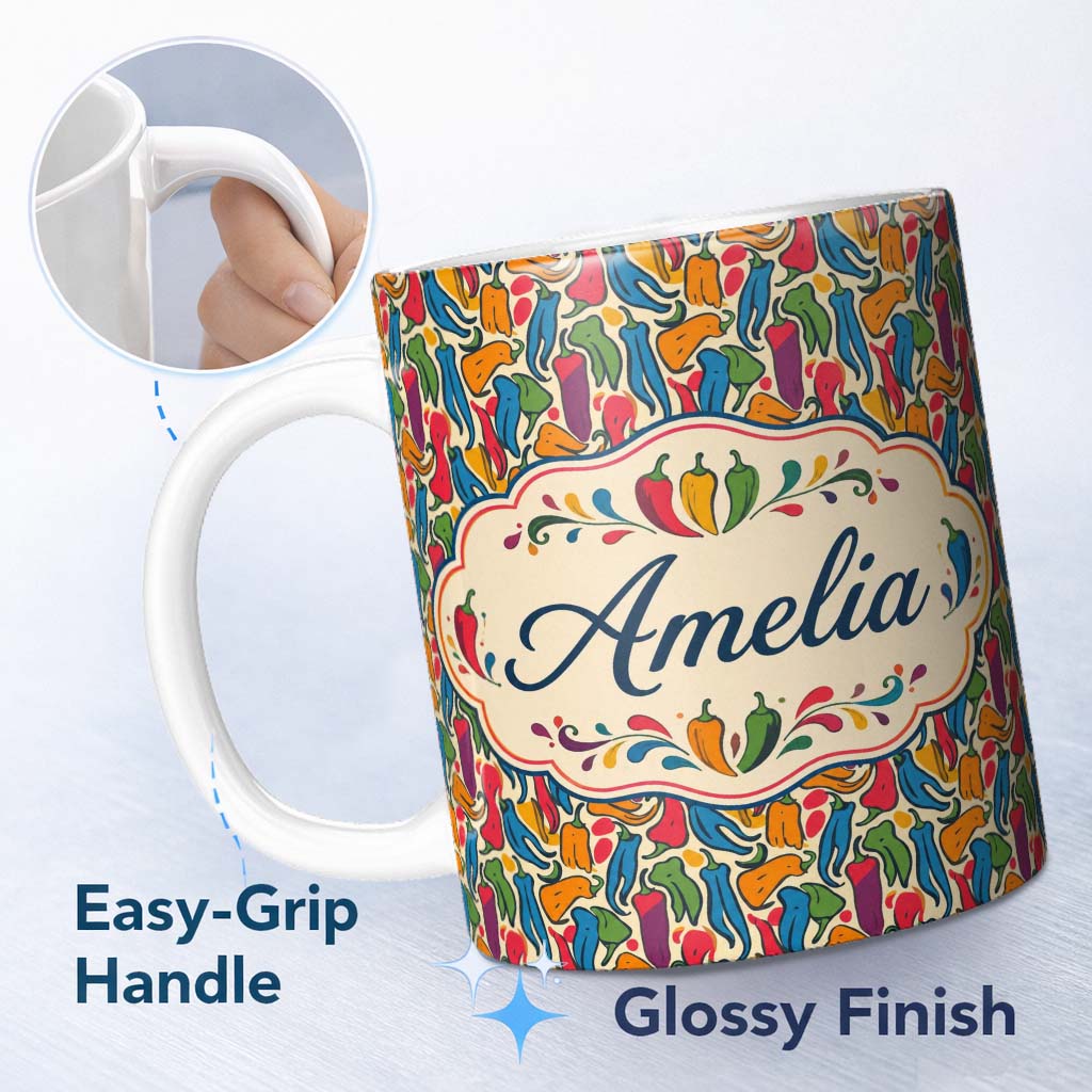 Personalized Custom Name Bright Abstract Multicolor Pepper Seamless Pattern Modern Artistic 11oz Ceramic Coffee Tea Mug White Large Handle