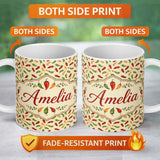 Personalized Custom Name Soft Chili Pepper Seamless Pattern Warm Red Green Kitchen Style 11oz Ceramic Coffee Tea Mug White Large Handle