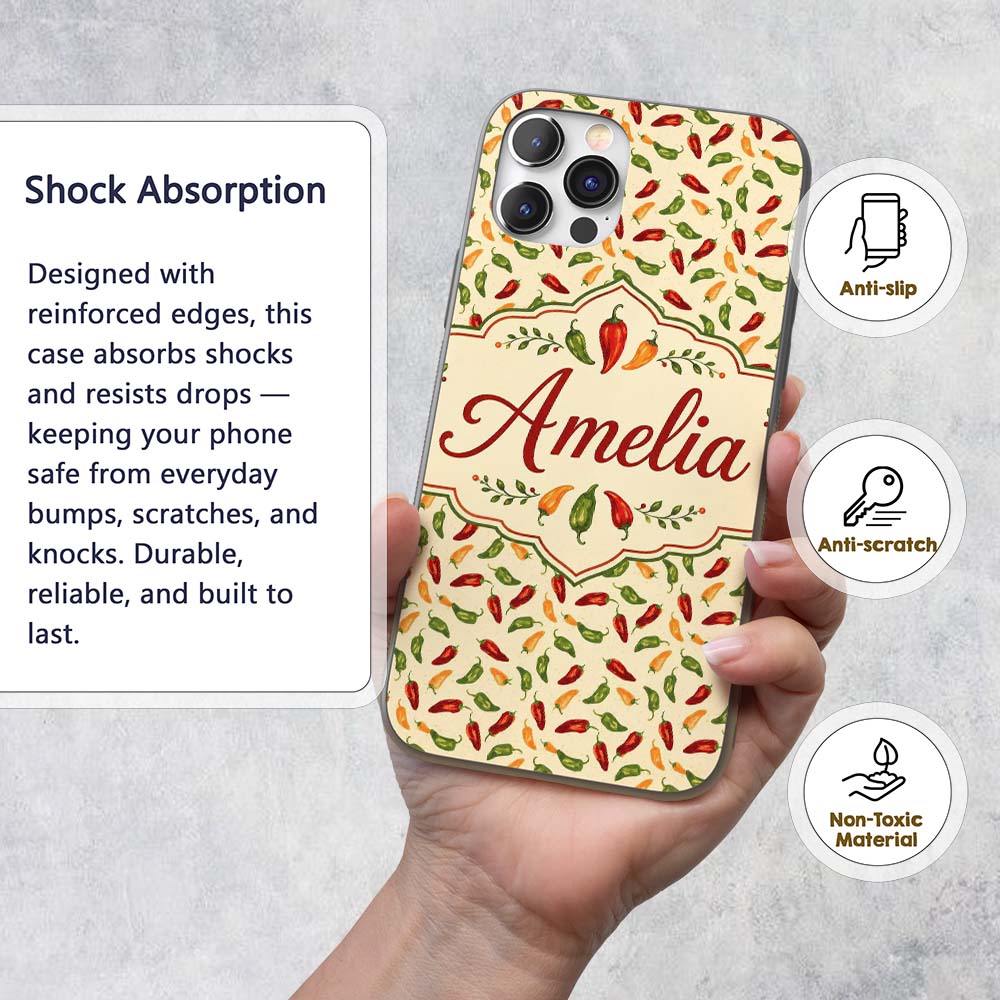 Soft Chili Pepper Seamless Pattern Warm Red Green Custom Name Protective Phone Case Mobile Cover Durable Everyday Smartphone Shock Resistant