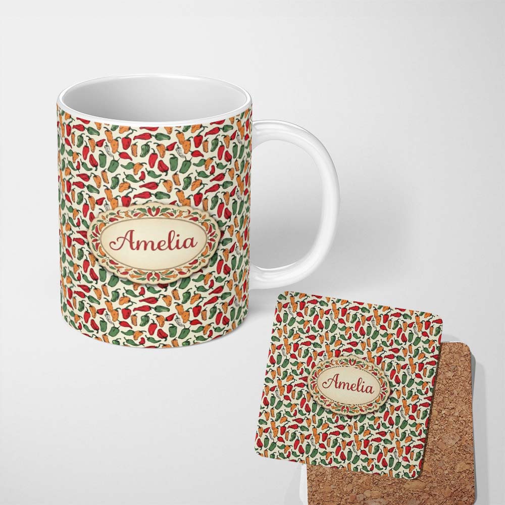 Personalized Custom Name Vintage Mixed Pepper Seamless Pattern Red Orange Green Rustic Food 11oz Ceramic Coffee Tea Mug White Large Handle