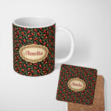 Personalized Custom Name Dark Background Red Chili Seamless Pattern Bold Botanical Food 11oz Ceramic Coffee Tea Mug White Large Handle