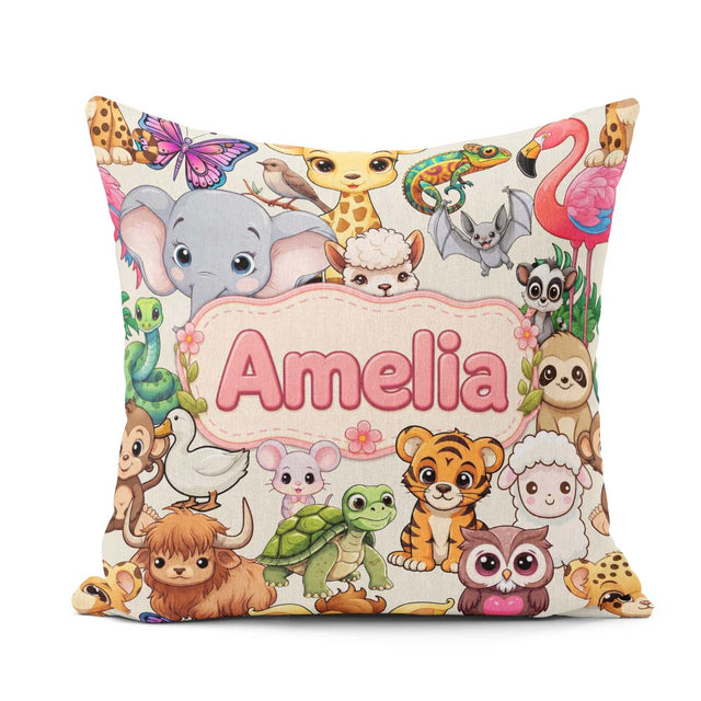 Custom Name Cute Cartoon Jungle Safari Animals Seamless on Cream Square Filled Cushion Throw Pillow Sofa Bed Home Decor Zip Washable UK Made