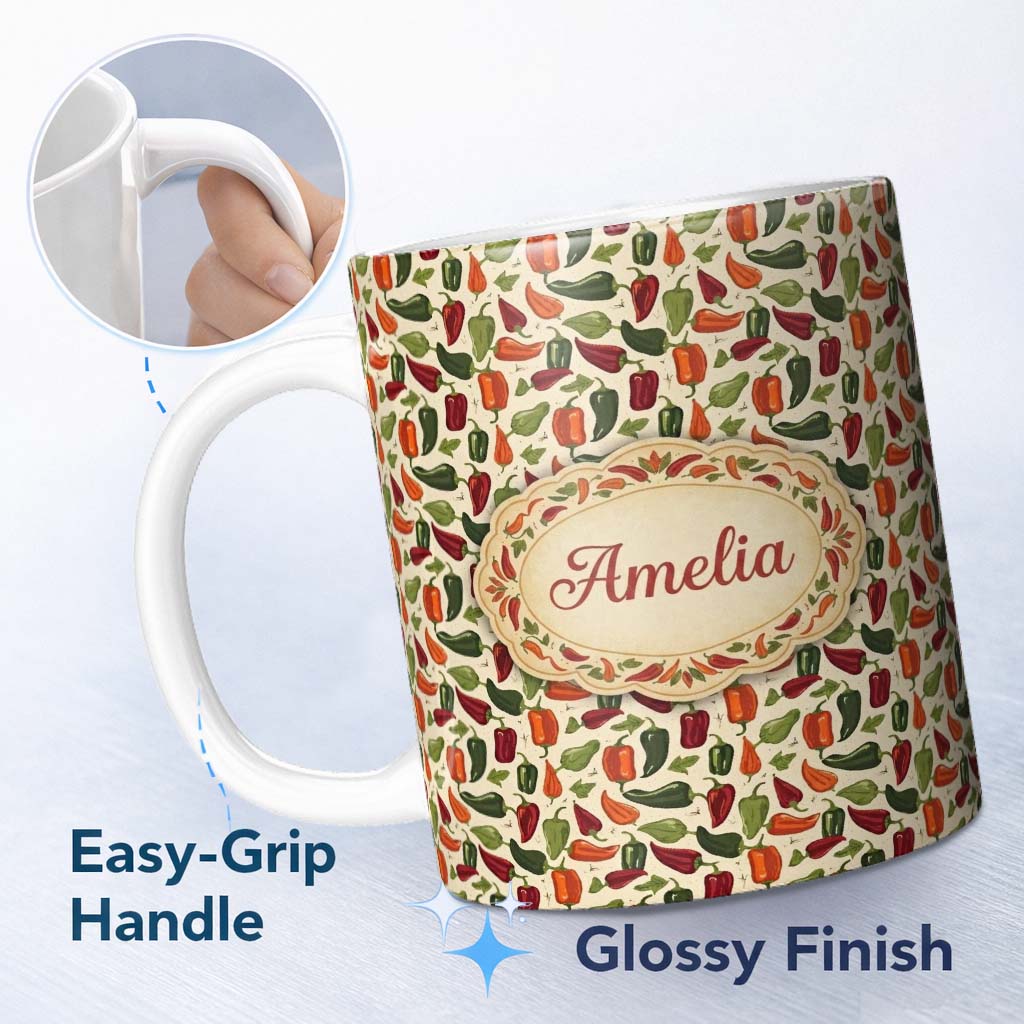 Personalized Custom Name Rustic Garden Pepper Seamless Pattern Natural Green Red Vegetable 11oz Ceramic Coffee Tea Mug White Large Handle