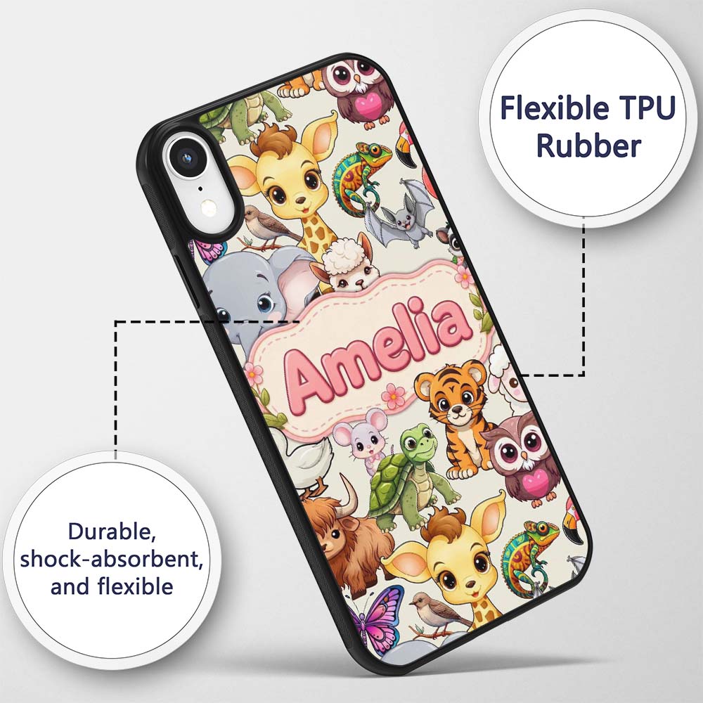 Cute Cartoon Jungle Safari Animals Printed Design Custom Name Protective Phone Case Mobile Cover Durable Everyday Smartphone Shock Resistant
