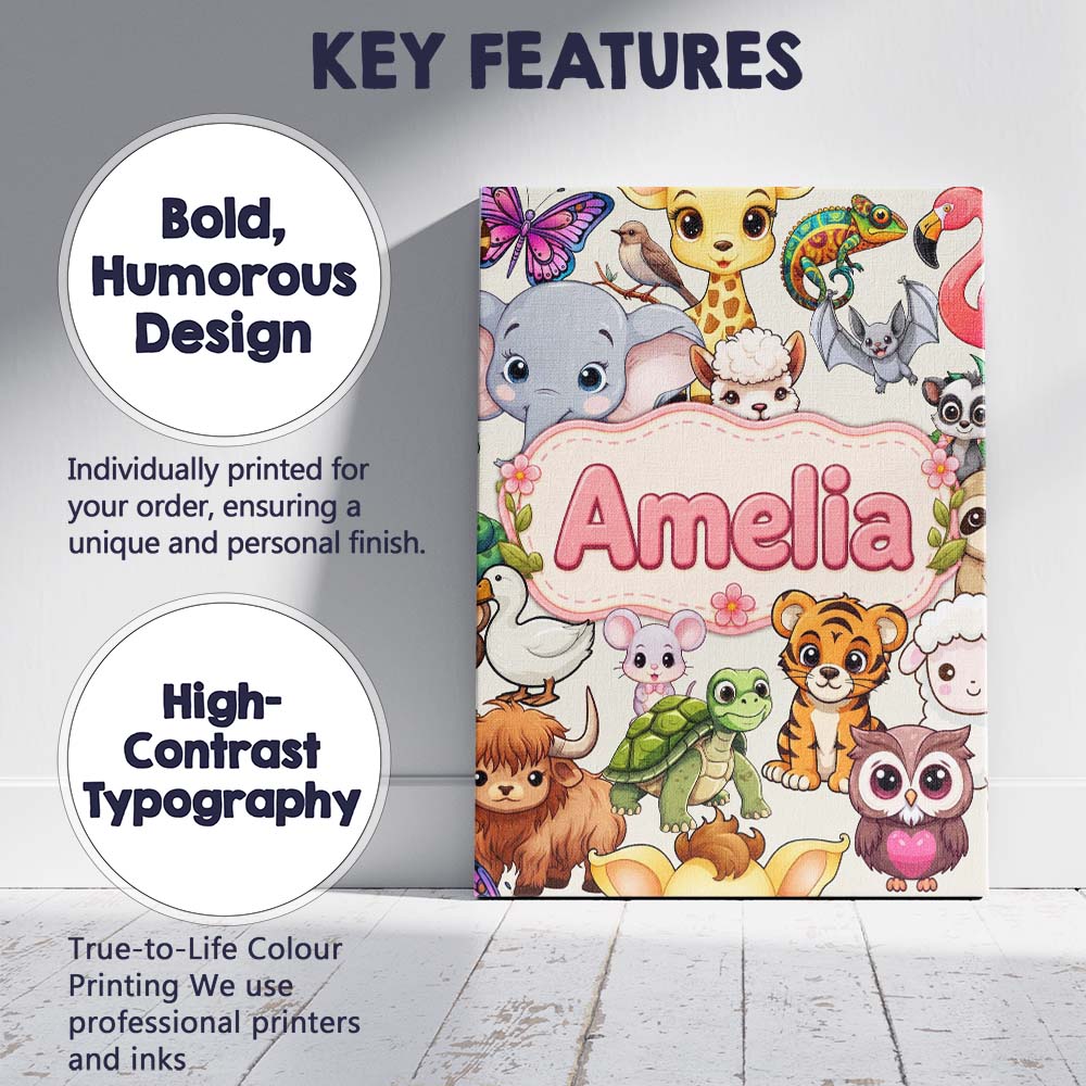 Personalised Name Cute Cartoon Jungle Custom Modern Room Accent Creative Decorator Style Canvas Wall Art Print Decor Picture Ready to Hang
