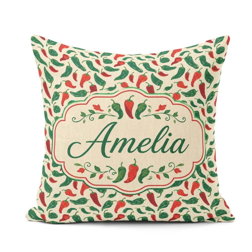 Custom Name Classic Red Green Chili Seamless Pattern Simple Food Square Filled Cushion Throw Pillow Sofa Bed Home Decor Zip Washable UK Made