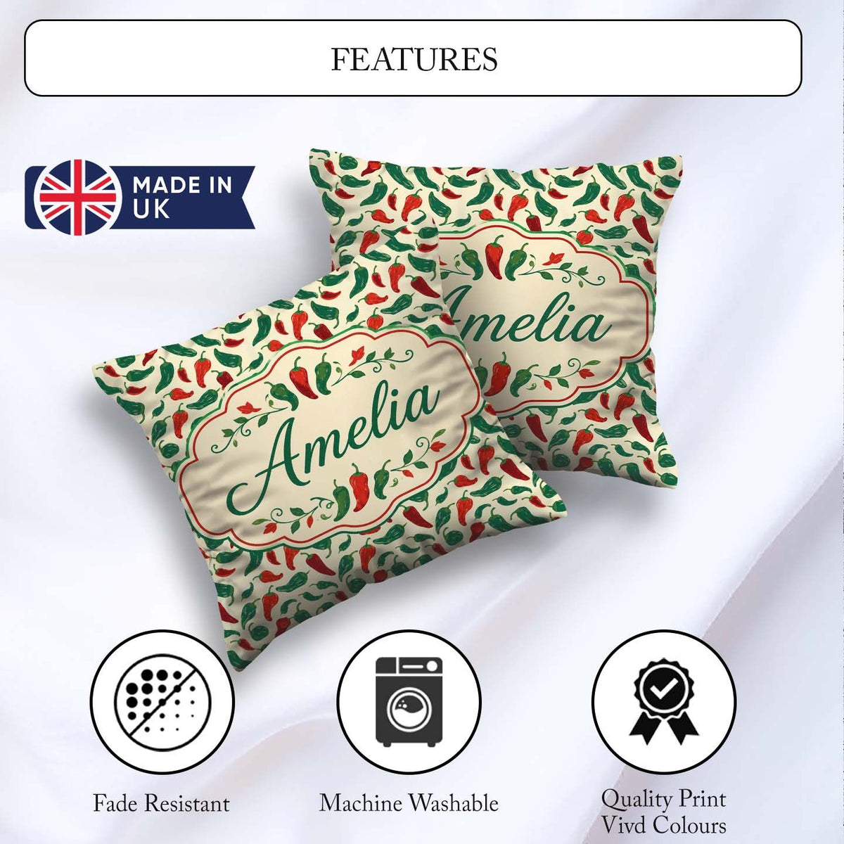 Custom Name Classic Red Green Chili Seamless Pattern Simple Food Square Filled Cushion Throw Pillow Sofa Bed Home Decor Zip Washable UK Made