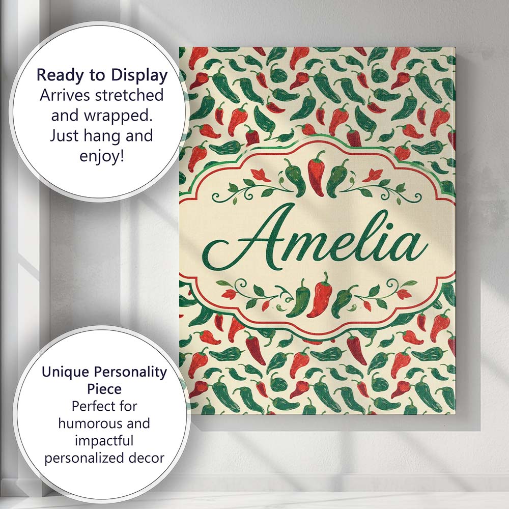 Personalised Name Classic Red Green Chili Custom  Unique Gift Idea Elegant Feature Canvas Wall Art Print Decor Picture Ready to Hang