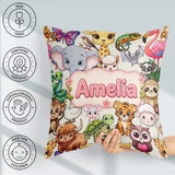 Custom Name Cute Cartoon Jungle Safari Animals Seamless on Cream Square Filled Cushion Throw Pillow Sofa Bed Home Decor Zip Washable UK Made